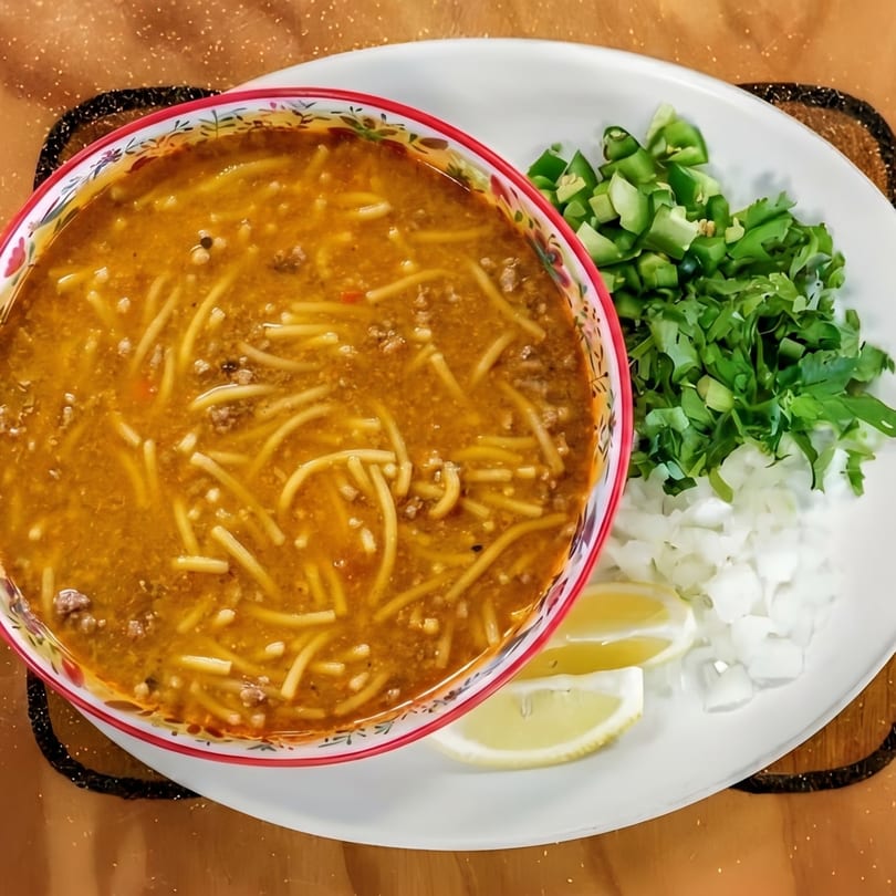 A bowl of noodle soup with ground meat, served with chopped onions, cilantro, and lemon wedges.