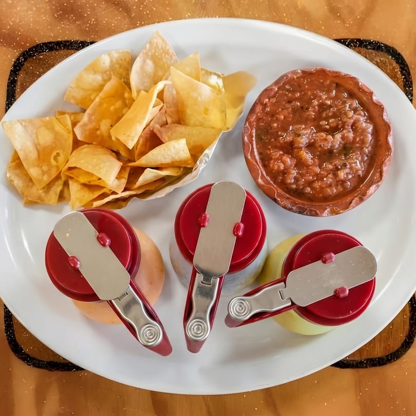A white plate with tortilla chips, salsa, and three small jars with red lids and spreaders.