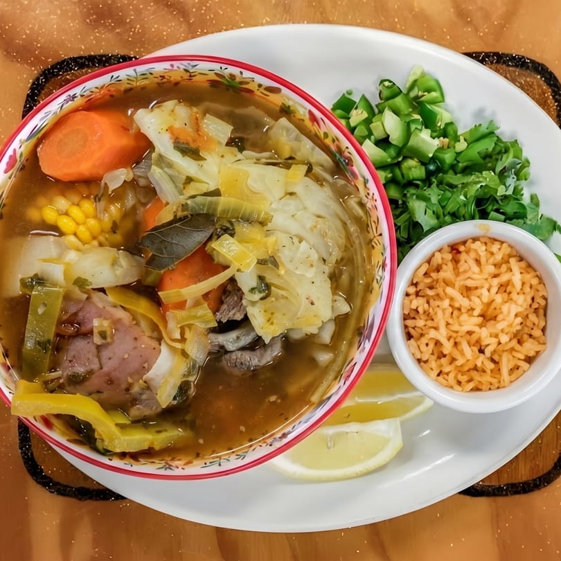 Hearty beef and vegetable soup with rice, chopped cilantro, jalapeños, and lemon wedges.